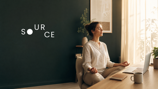 Woman taking a breath brain break at her desk in a minimal workspace, practicing breathwork for cognitive performance and focus